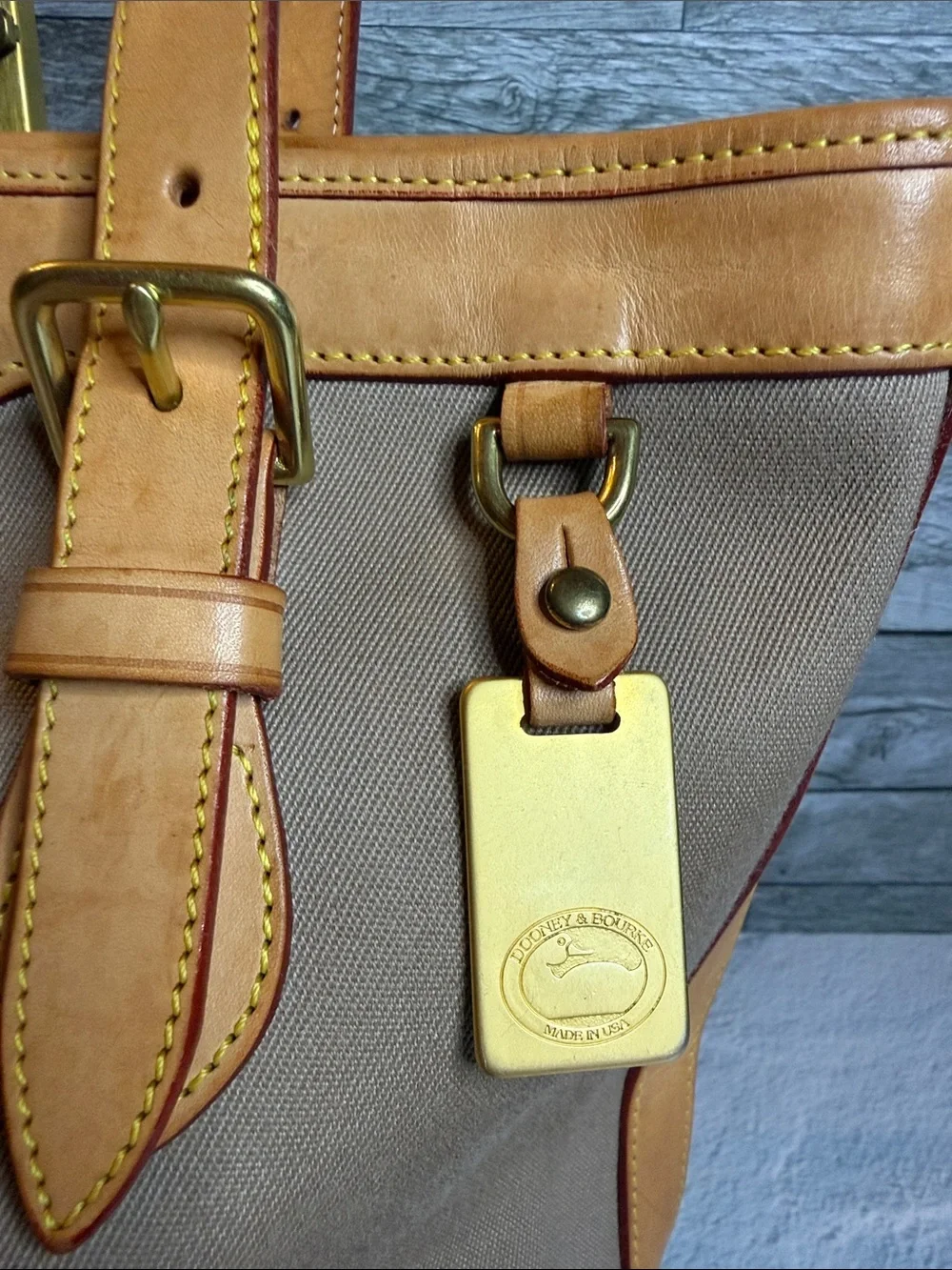 Vintage Dooney & Bourke USA Canvas Bucket Tote British Tan Leather Duck Tag